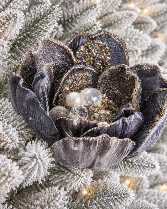 Flor de Magnolia Azul Champagne con Perlas y Cristal