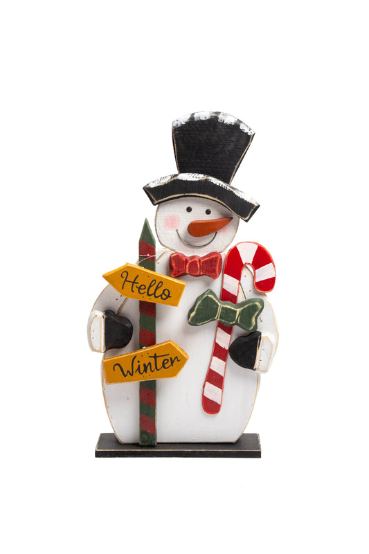 Figura de Muñeco de Nieve de Madera con Letrero "Hello Winter"