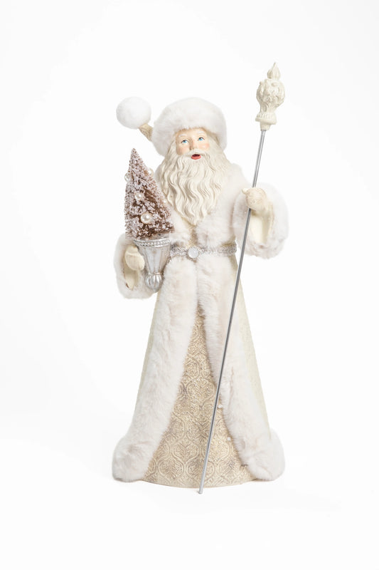 Figura Decorativa de Santa Claus Blanco Elegante con Cetro y Arbolito