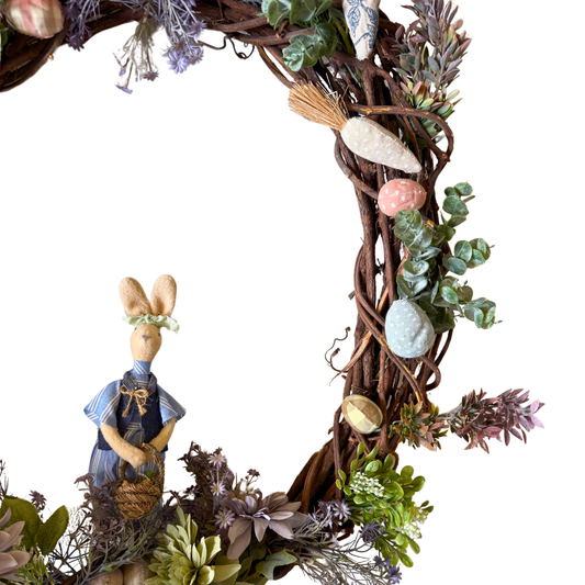 Corona de Pascua "Conejita Canasta" – Guirnalda de Vid con Detalles de Tela y Flores Silvestres