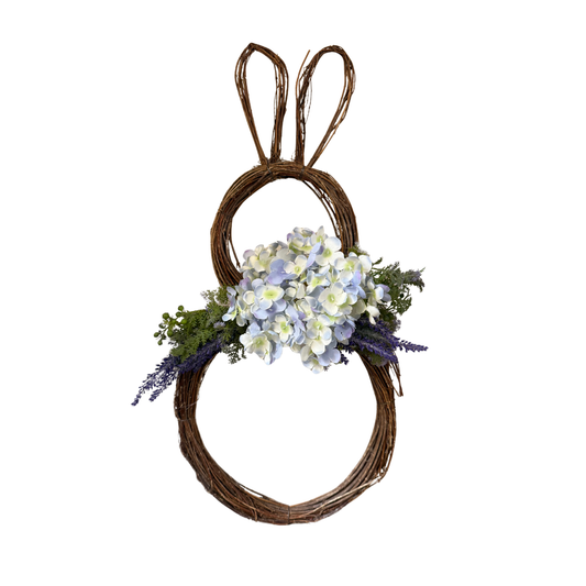 Corona de Pascua Rústica en Forma de Conejo – Vid Natural, Hortensias Azules y Lavanda