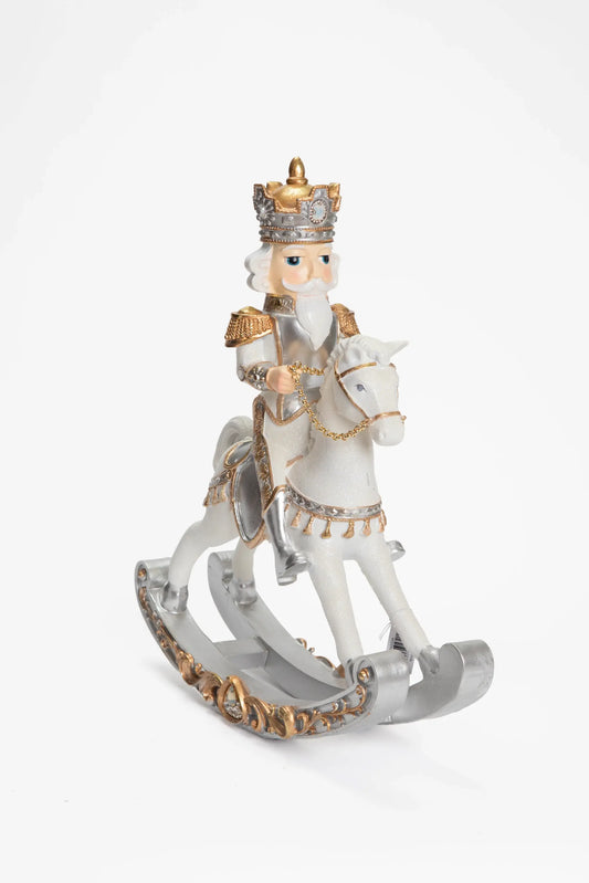 Figura de Cascanueces Rey Montado en Caballo Mecedor Blanco y Dorado