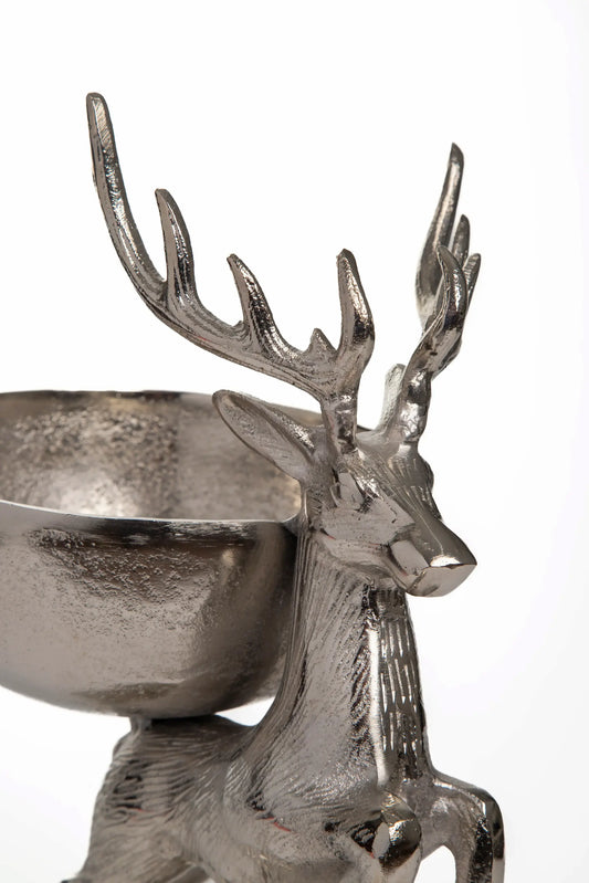 Cuenco Decorativo de Ciervo Saltando en Metal Plateado 39.7cm