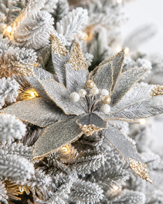 Flor de Nochebuena Gris con Brillantina y Cristales