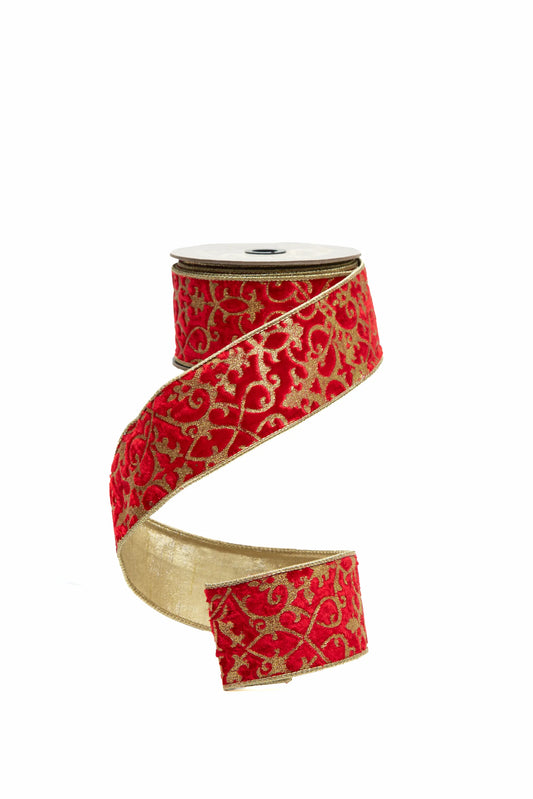 Listón Terciopelo Rojo Glitter Filigrana Dorada