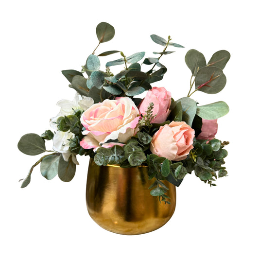 Arreglo Floral "Allen" en Maceta de Cerámica Dorada – Rosas Premium y Eucalipto