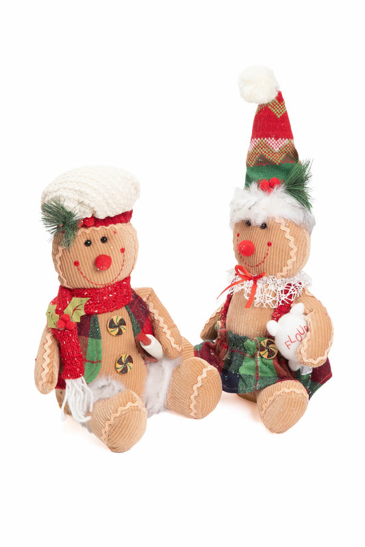 Set de 2 Muñecos de Jengibre Sentados con Gorro Navideño