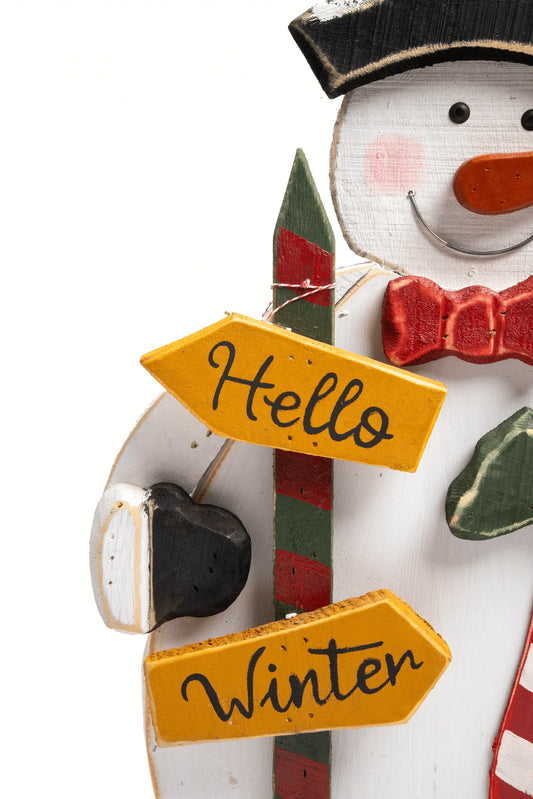 Figura de Muñeco de Nieve de Madera con Letrero "Hello Winter"