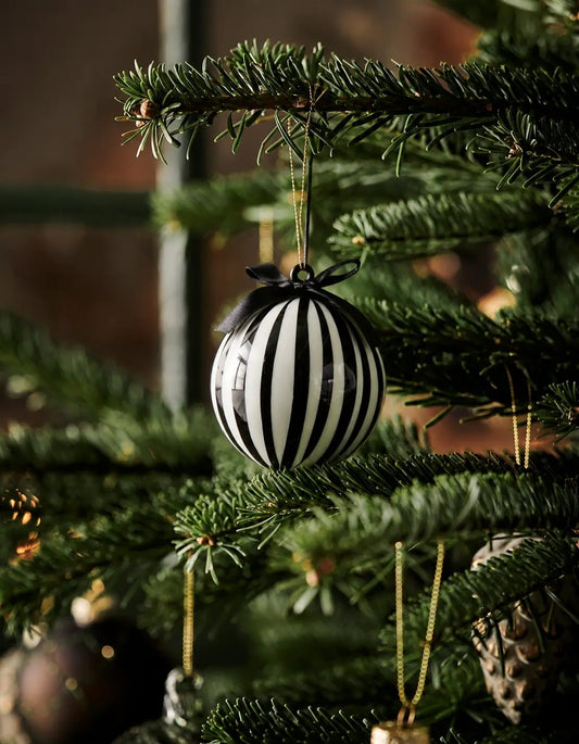 Esfera Navideña Efecto Cristal Rayas Blanco y Negro con Moño 12cm