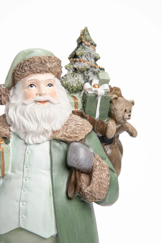 Figura Decorativa de Santa Claus en Verde con Saco de Regalos