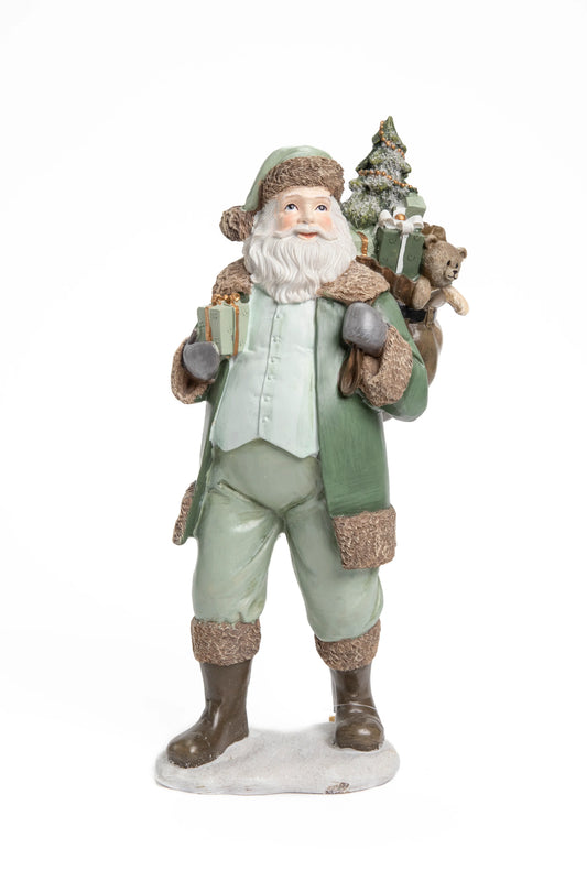 Figura Decorativa de Santa Claus en Verde con Saco de Regalos