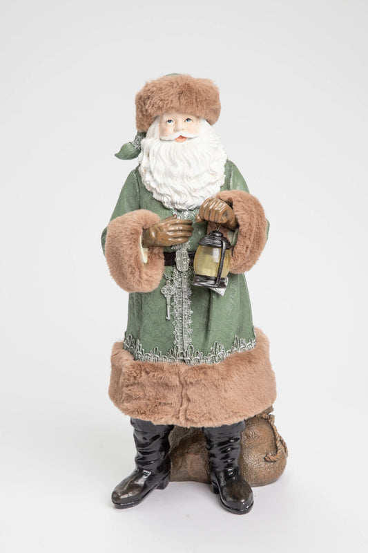 Figura Decorativa de Santa Claus en Verde Salvia con Farol