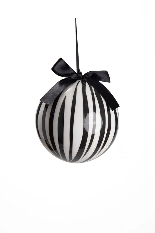 Esfera Navideña Efecto Cristal Rayas Blanco y Negro con Moño 12cm