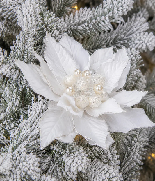 Flor de Nochebuena Blanca con Orilla Plateada y Cristal