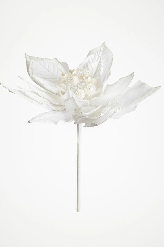 Flor de Nochebuena Blanca con Orilla Plateada y Cristal