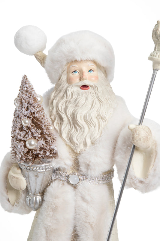 Figura Decorativa de Santa Claus Blanco Elegante con Cetro y Arbolito