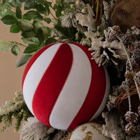 Esfera Navideña Terciopelo Ondas Rojo y Blanco