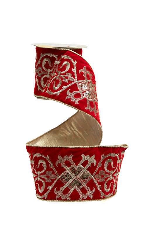 Listón Terciopelo Rojo Bordado Estilo Obispo