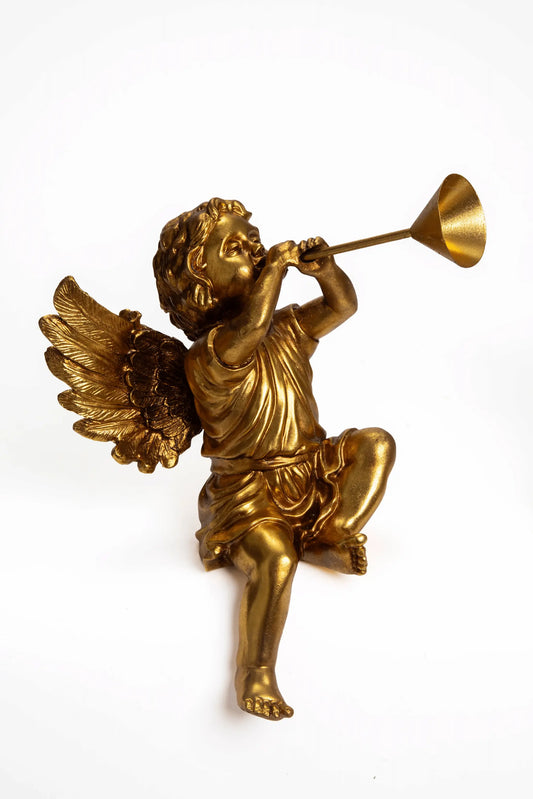 Set de 2 Figuras de Querubines Sentados con Trompeta en Dorado