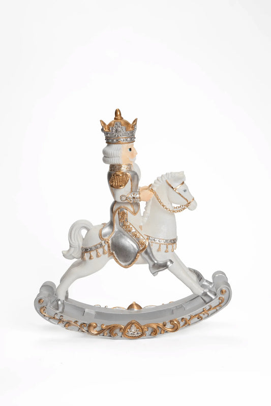 Figura de Cascanueces Rey Montado en Caballo Mecedor Blanco y Dorado