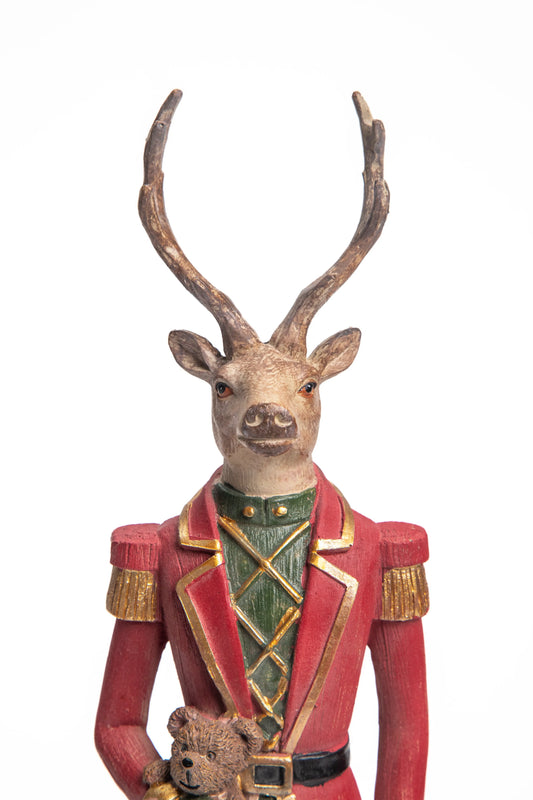 Figura Decorativa de Soldado Ciervo con Osito en Uniforme Rojo