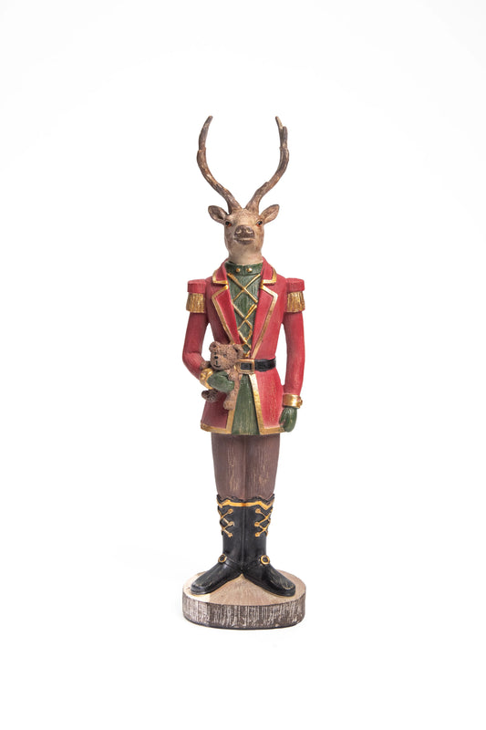 Figura Decorativa de Soldado Ciervo con Osito en Uniforme Rojo