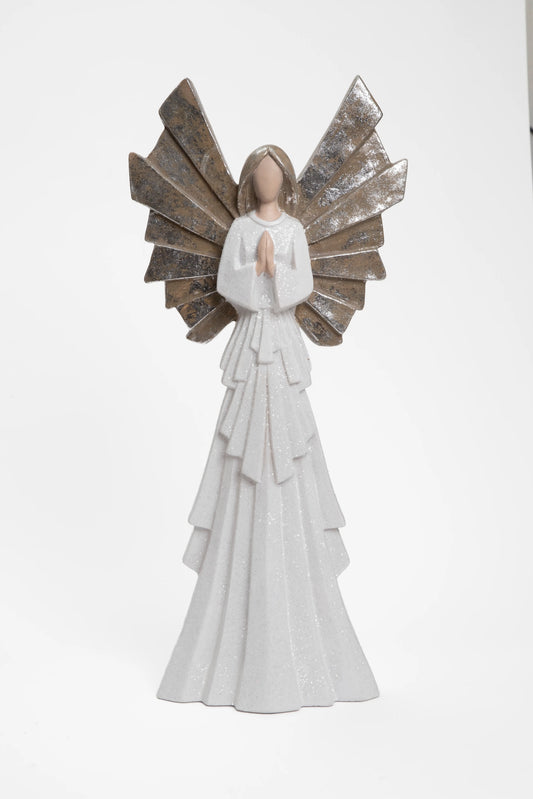 Set de 2 Ángeles Decorativos Blancos en Oración con Alas Doradas