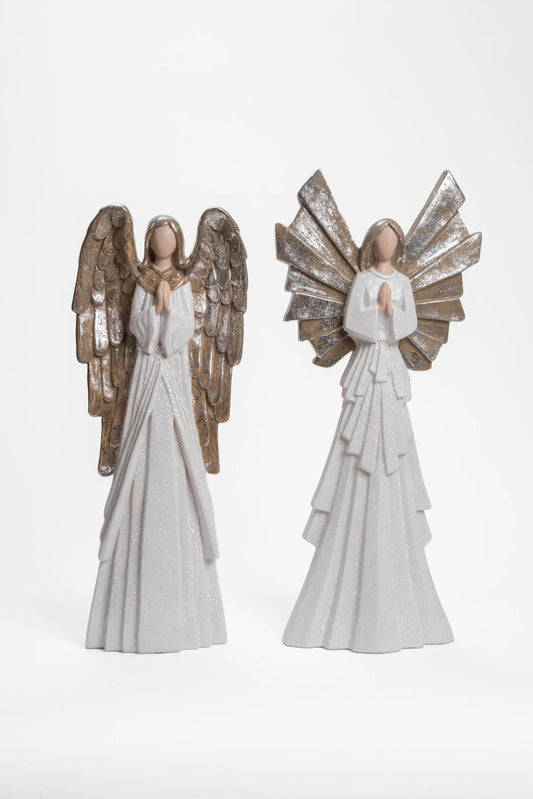 Set de 2 Ángeles Decorativos Blancos en Oración con Alas Doradas