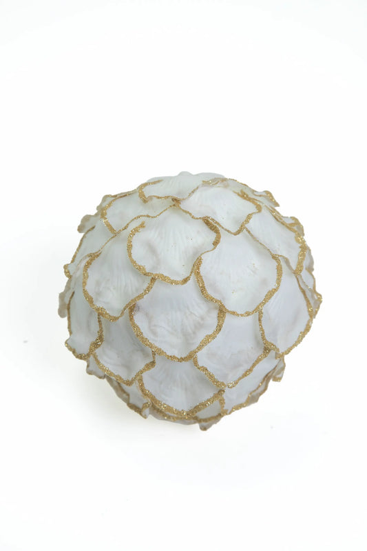Esfera Navideña Pétalos Blanca con Orilla Dorada