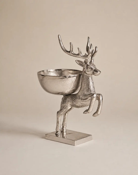 Cuenco Decorativo de Ciervo Saltando en Metal Plateado 39.7cm