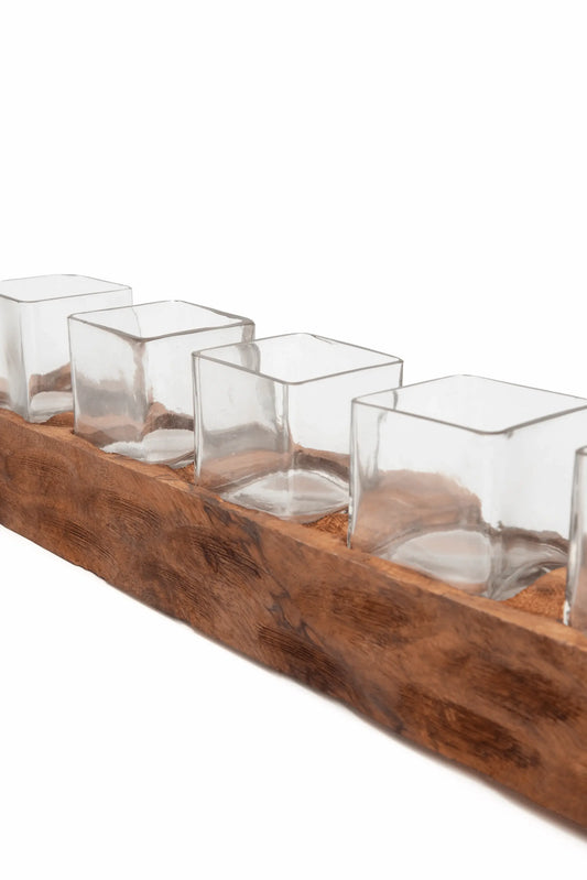 Portavelas de Madera Rústica con 5 Vasos de Vidrio y Asas de Metal