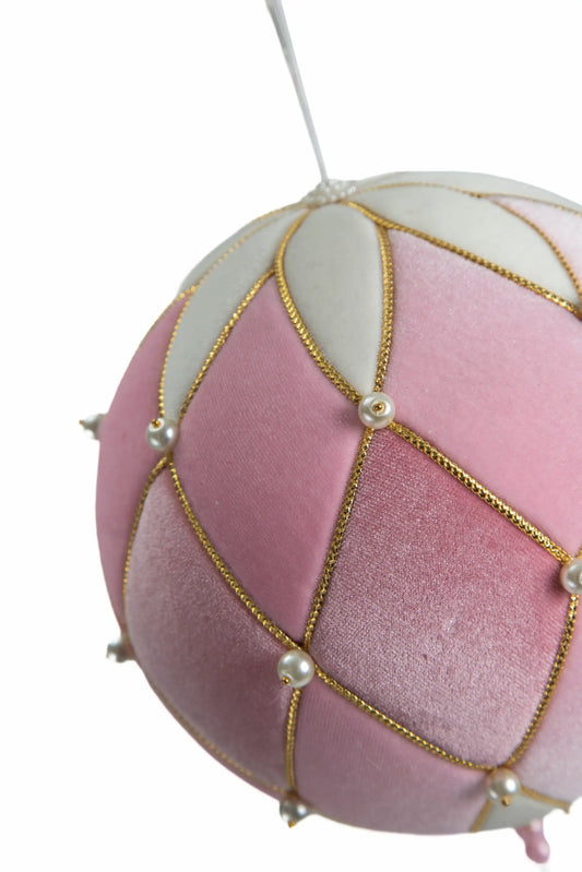 Esfera Navideña Terciopelo Arlequín Rosa con Perlas