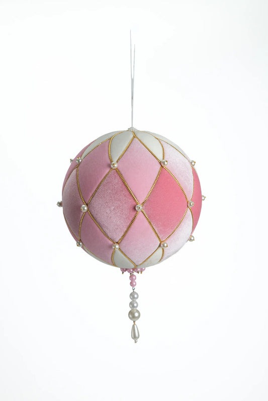 Esfera Navideña Terciopelo Arlequín Rosa con Perlas