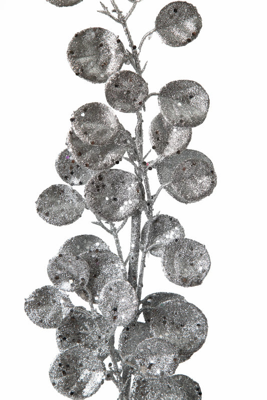 Vara de Hojas Redondas Plateadas con Brillantina