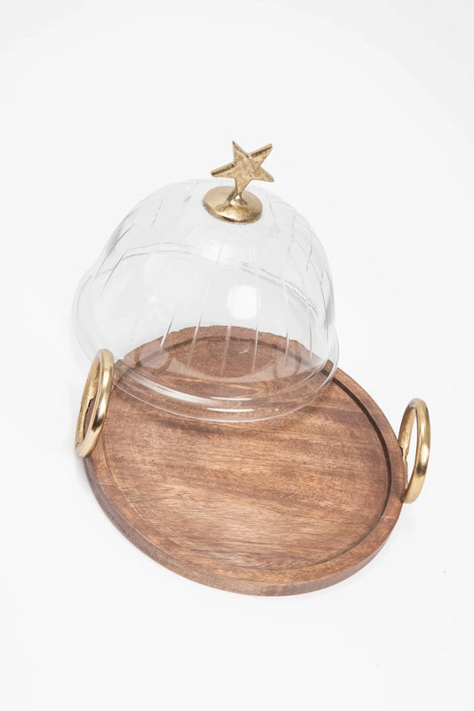 Domo de Cristal con Estrella Dorada y Base de Madera 27.5cm