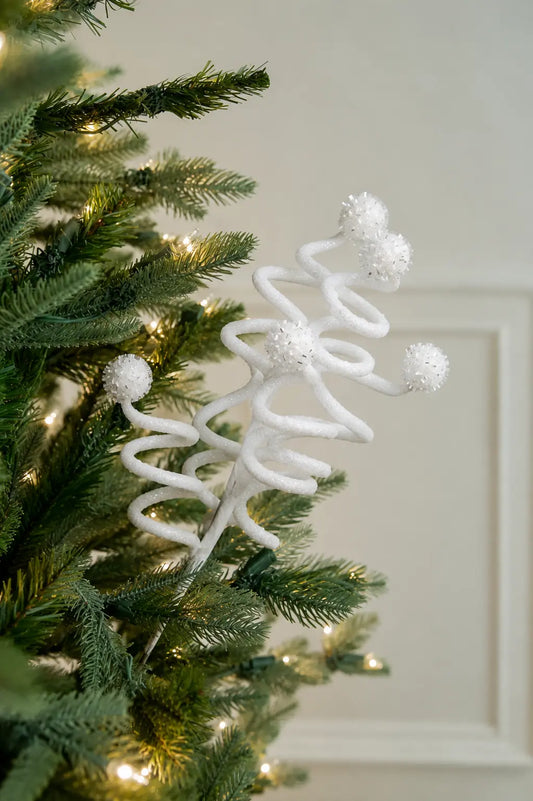 Vara Espiral Blanca con Pompones Escarchados 62 cm