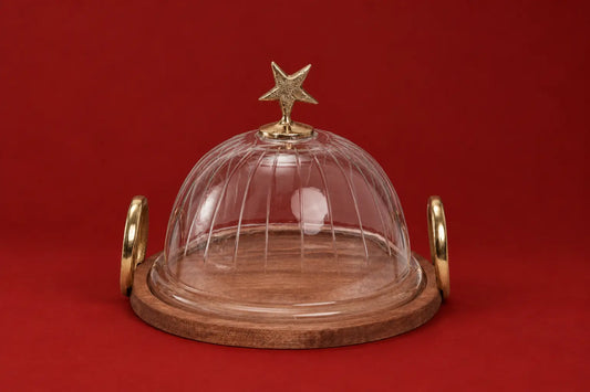 Domo de Cristal con Estrella Dorada y Base de Madera 27.5cm
