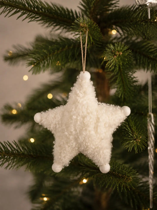 Ornamento Navideño Estrella Peluche Blanca y Tejido Beige 32cm